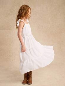 Girls' Vacation Sleeveless Ruffle Bowknot A-Line Shift Dress, Matching Sister Styles - White - View 5