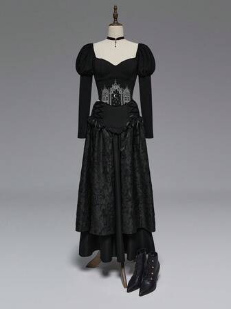 EDITION Blusa da donna con maniche a gigot, ricamo di luna e stelle in stile gotico, vetrata cattedrale nera, adatta per Ognissanti