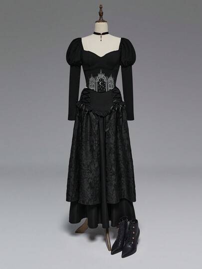 EDITION Top pour femmes à manches gigot avec broderie de lune et d'étoiles en verre teinté gothique noir, pour Halloween