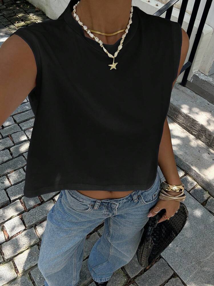 Damen Crop Top mit breiten Trägern und rundem Ausschnitt für den Sommer, für den Lässig-Wear - Schwarz - Übersicht 1