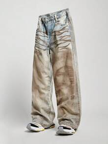 ROMWE MEN Street Life Quần jean ống rộng thời trang nam dáng rộng màu gradient - Màu xanh lam - Xem 7