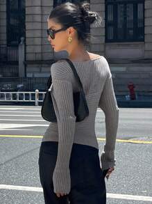 Livesso Women's V-Neck Long Sleeve Casual Fitted Sweater, Autumn - Grey - View 2