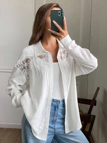 DAZY Women's Casual Loose Contrast Lace Long Sleeve Turndown Collar Blouse, Suitable For Spring And Autumn - White - View 3