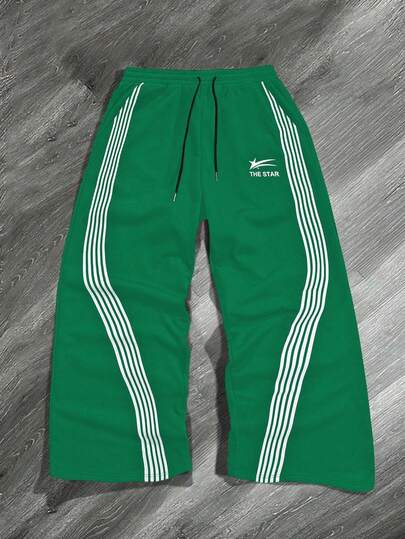 Manfinity Campus Court 男士宽松口号图案抽绳腰运动裤，绿色运动裤，男士阔腿侧条纹健身裤，男士运动裤，男士条纹运动裤，运动裤