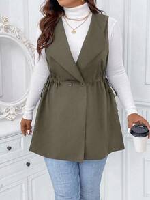 Calvaya Plus Size Solid Color Drawstring Waist Sleeveless Casual Versatile Jacket - Army Green - View 7