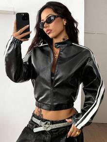 Coolane Fall Clothes For Women Streetwear Going Out Athleisure Daily Wear Basic Leather Black Loose Jacket Coat