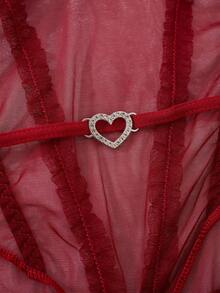 SHEIN Women's Lace Contrast Mesh Sheer Backless Bodysuit For Rave For Going Out - Burgundy - View 4