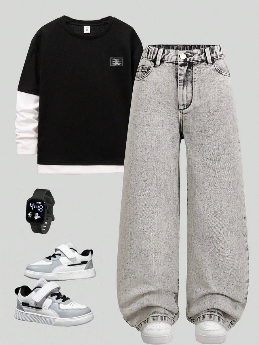 Tween Boy Casual Straight Leg Acid-Washed Pants - Light Grey - View 1