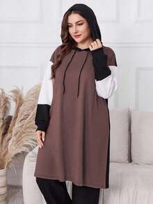 Lacomfia Bộ 2 món áo hoodie tay dài và quần dài họa tiết chắp vá màu trơn cỡ lớn - Bụi hồng - Xem 6