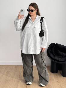 Enliva Plus Size Women's White Striped Loose Blouse, Long Sleeve Plus Size Shirt/Autumn /Winter - White - View 4