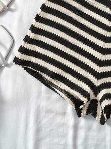 2 件套 Tween 女童休闲不对称纹理条纹露肩 T 恤和短裤套装 - 黑色 - 查看 5