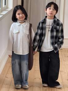 Genkimix Kids 2 件年轻男孩时尚格子衬衫 + 宽松工装口袋水洗牛仔裤套装，休闲时尚，春秋 - 黑色 - 查看 4