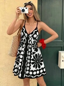 Breezaya 时尚度假风格细肩带 V 领圆点印花束腰连衣裙 - 黑與白 - 查看 5