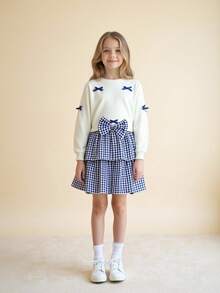 SHEIN Explorewe 2pcs Girls Casual Outfit: Cute 3D Bow Decor Long Sleeve Sweatshirt And Classic Plaid Bow Skirt, Back To School 2025 Kids' Collegiate Wear And Sportswear - Multicolor - View 3