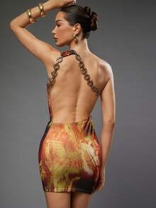 Hauture Chunky Chain One Shoulder Abstract Print Mini Dress – Sexy Going Out Holiday Party Outfit Ideas - Multicolor - View 1