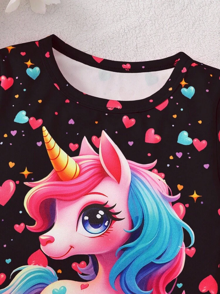 2 piezas Conjunto de top de manga corta y pantalones con estampado de unicornio y corazón que brillan en la oscuridad para niñas pequeñas, adecuado para uso al aire libre - Negro - Añade 3