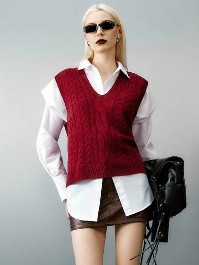 Airlisse Chaleco de punto de corte en V de uso diario casual para mujer, para otoño