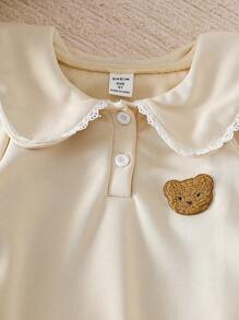 Genkimix Kids Toddler Girls' Peter Pan Collar Long Sleeve Patchwork Ruffled Hem Cute Bear Embroidery Korean Style Dress Fall Winter - Khaki - View 4