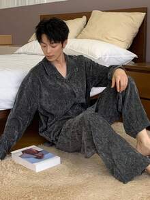 DAZY Men's Solid Color Corduroy Fabric Gray Shirt And Pants Loungewear Set, Autumn, Fall Clothes Pajama