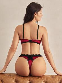Charlaine 2pcs Wine Red & Black Satin Lace Patchwork Contrast Color 3/4 Cup Bra Set, Casual & Office Wear - Burgundy - View 7