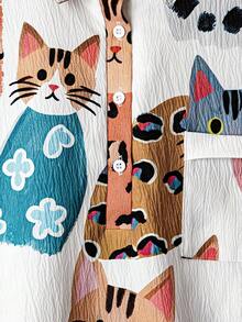 EMERY ROSE Damen Große Größen Lässiges Lose Tier Muster Kragen Tasche Hemd