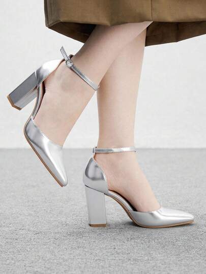 CUCCOO BIZCHIC Tacones de plataforma con tira en el tobillo, puntera puntiaguda y tacón ancho, de material plateado, cómodos para ir al trabajo, citas, reuniones, fiestas y otras ocasiones