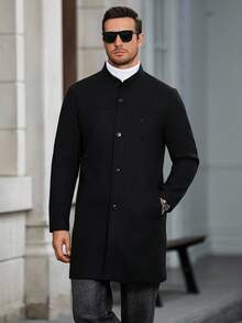 Manfinity CasualCool Áo khoác nam dài tay màu trơn có túi và nút phía trước, áo khoác nam dài sang trọng màu đen, thu đông - màu đen - Xem 6