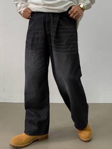 DAZY 男士秋季口袋直筒宽松休闲百搭牛仔裤 - 黑色 - 查看 5