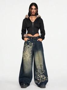 ROMWE Grunge Punk Relaxed Fit Grunge Vintage Oversized Cross & Vine Print Women Low Waist Jeans