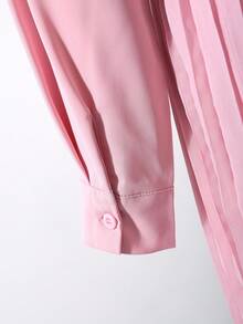 Teen Girls Light Pink Multilayer 3D Floral Long Sleeve Blouse & High Waist Pleated Skirt Set,Autumn Party Back To School Outfit,Elegant Minimalist - Pink - View 6