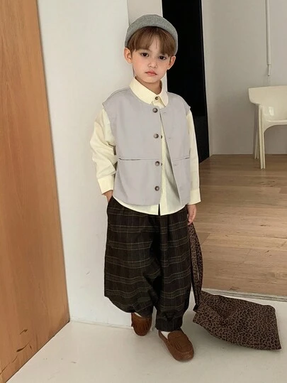 DAZY 儿童秋季服装，男童休闲宽松纯色衬衫套装，日系风格，秋季