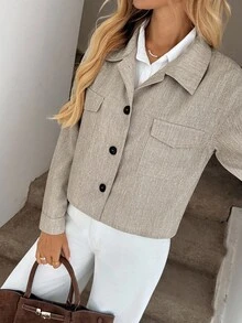 Easowa 女士休闲宽松翻领单排扣夹克，带口袋，双色花卉图案，适合秋冬通勤休闲 - 卡其色 - 查看 5