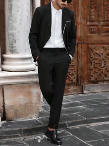 Manfinity Bizformal 男士商务撞色翻领西装外套和裤子套装 - 黑色 - 查看 5