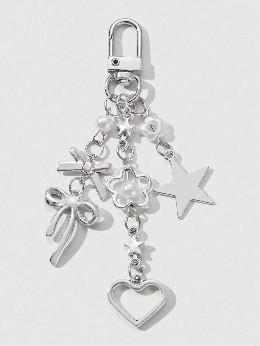 ROMWE Kawaii 1 件 Y2K 极简主义高端银蝴蝶仿珍珠镂空心形星形编织蝴蝶结 DIY 钥匙扣包饰，适合女士/女孩日常佩戴，节日礼物 - 銀白色 - 查看 1