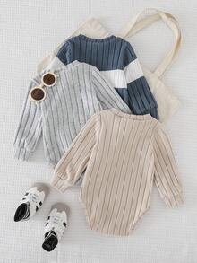 Playful Pals 3件套男婴撞色抓绒连体衣，拼接圆领长袖带口袋保暖罗纹连体衣，休闲户外服，秋冬季