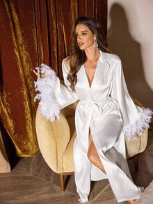 Slumberist Women's Satin Robe, Contrast Faux Fur Cuff, Lace Sheer Backless Sexy Luxurious Long Robe Silk Robe With Feather Trim Bridal Robe, Fall - White - View 3