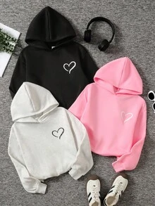 3pcs/Set Tween Girls' Loose Casual Comfortable Soft Versatile Heart Print Sweatshirt,In Fall/Winter - Baby Pink - View 6