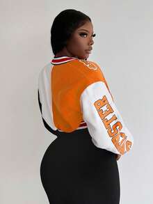 Slaydiva Colorblock Graphic Print Zip-Up Baseball Jacket Autumn Winter Clothes For Women - Orange - View 3