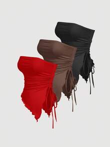 SHEIN MOD Top bustier à plis taille nouée sur les côtés, Top tube imprimé rétro, Top d'automne, Top de sortie, Débardeur marron - Rouge - Voir 5