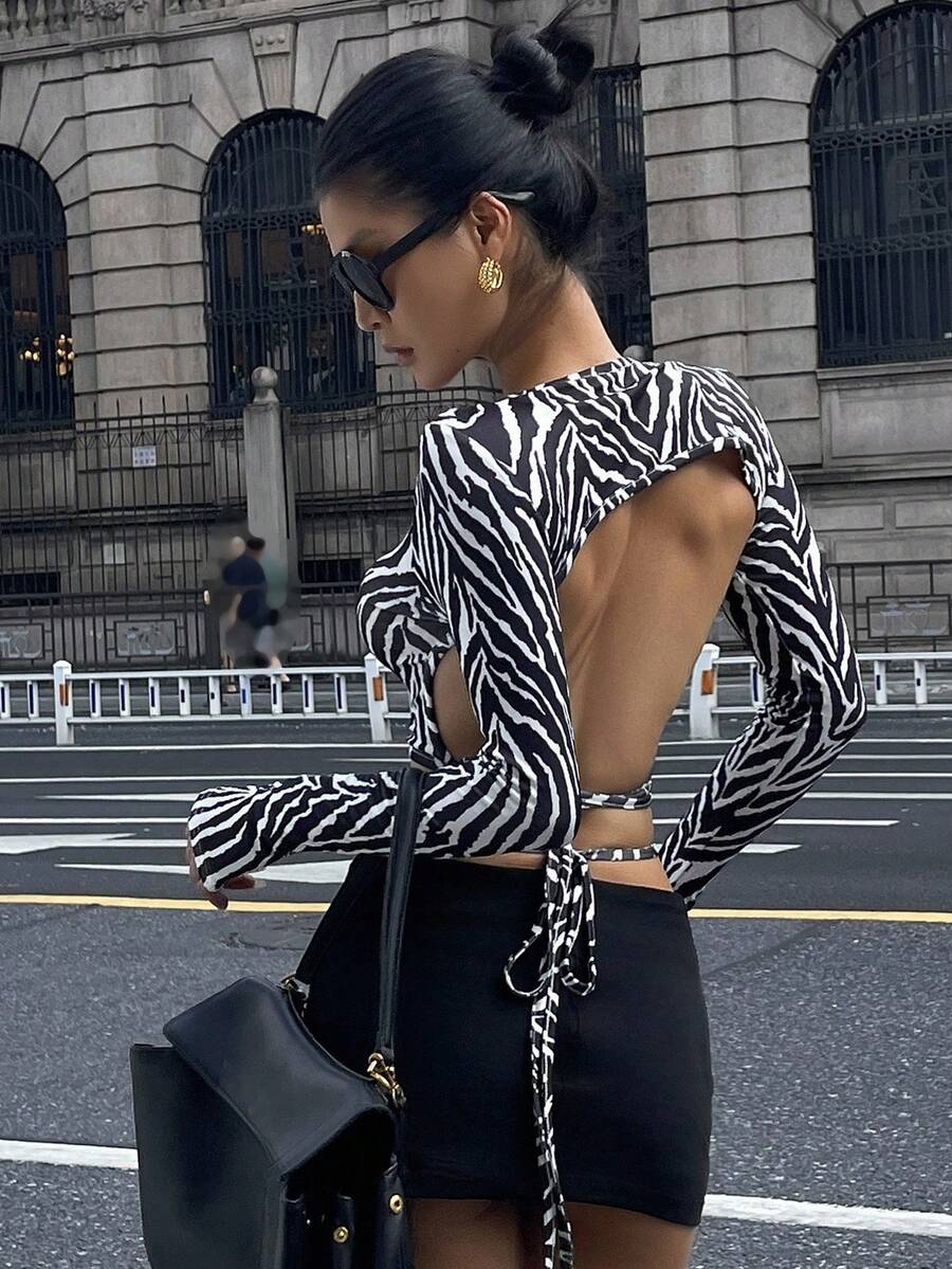 Livesso Women's Zebra Print Cropped Tie Front Long Sleeve T-Shirt