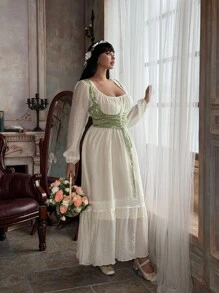 Flirla 大码女式复古腰部收腰中长连衣裙，中世纪/维多利亚风格 - 杏色 - 查看 6