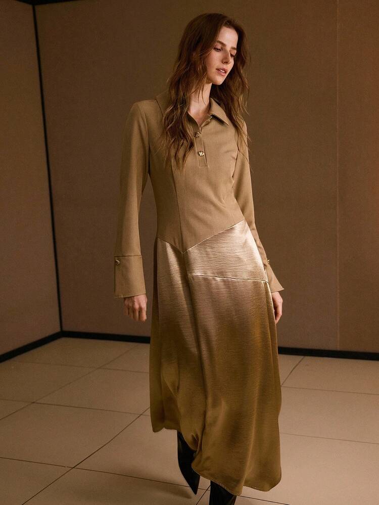 MIXED MEDIA ASYMMETRICAL HEM HALF BUTTON PLACKET DRESS