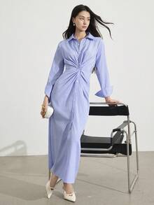 Heiryn Robe chemise à manches longues, épaules régulières, rayée, avec torsade devant pour femmes