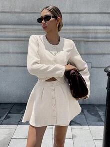 Pariaura 2件套粗花呢长袖衬衫和纽扣前裙 - 卡其色 - 查看 5