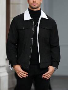 Manfinity Homme 男士长袖翻领装饰纽扣保暖休闲羊羔绒保暖内衬夹克，冬季灯芯绒黑色秋季夹克 - 黑與白 - 查看 1