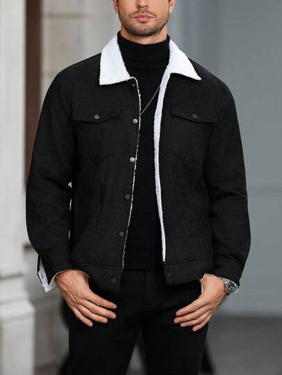 Manfinity CasualCool Chaqueta y abrigo casual con cuello vuelto, decoración de solapa y botones, cálido para hombre. Chaqueta de invierno para hombre forrada, chaqueta de mezclilla con forro de borreguito negro, chaqueta de pana para hombre, chaqueta de mezclilla negra con forro de borreguito, otoño