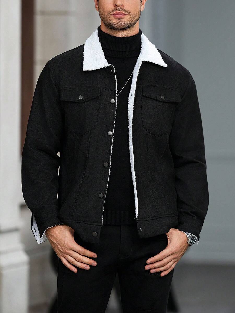 Manfinity Homme 男士长袖翻领装饰纽扣保暖休闲羊羔绒保暖内衬夹克，冬季灯芯绒黑色秋季夹克 - 黑與白 - 查看 1