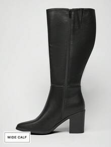 SHUZIA #WideCalfApproved 女式 3 英寸粗跟 PU 黑色及膝靴 - 时尚舒适，适合较宽的小腿，是自信、高雅外观的必备奢华单品。 - 黑色 - 查看 6