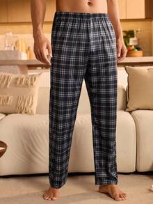 Manfinity Underwear&Sleepwear Basics Men's Basic Multicolor Plaid Knitted Loungewear Pajama Pants, Long Straight Leg Bottoms With Pockets, Winter