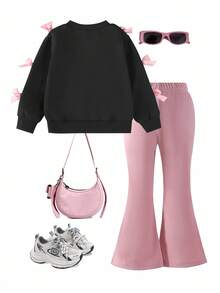 SHEIN 2pcs/Set Young Girl' Minimalist Fashion Pink Bow Black Top And Pink Pants Sweatsuit Set Fall Winter
